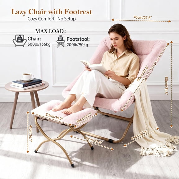 Dorm Chair with Ottoman, X-Large Soft Saucer Chair, Oversized Folding Faux Fur Accent Chair for Bedroom Living Room