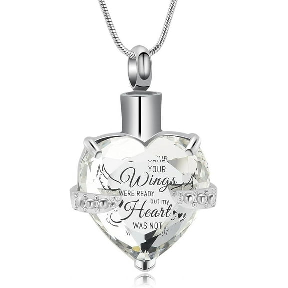 Crystal Heart Cremation Jewelry Angel Wing Heart Urn Necklaces for Ashes Memorial Keepsake Pendant for Women Men Stainless Steel Memorial Keepsake Pendant