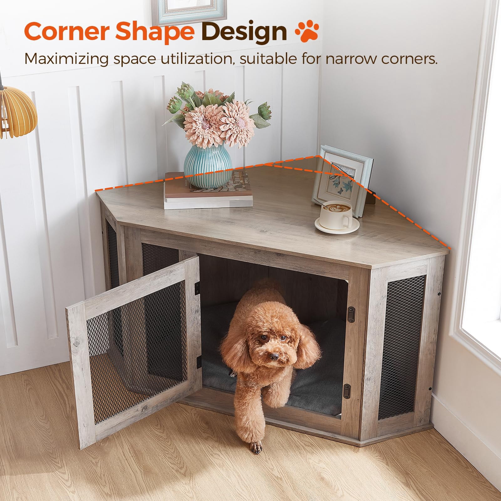 Greige Corner Dog Crate Furniture, Wooden Pet Kennel End Table for Small-Medium Dogs