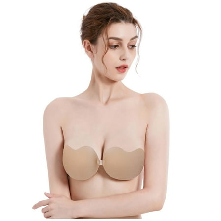 JDEFEG Low Cut Backless Bra Strapless Sticky Bra Lift Up Backless Bra Air Holes Adhesive Push Up Bra for Womens Strapless Padded Push Up Bras for Women Nylon Spandex Beige C