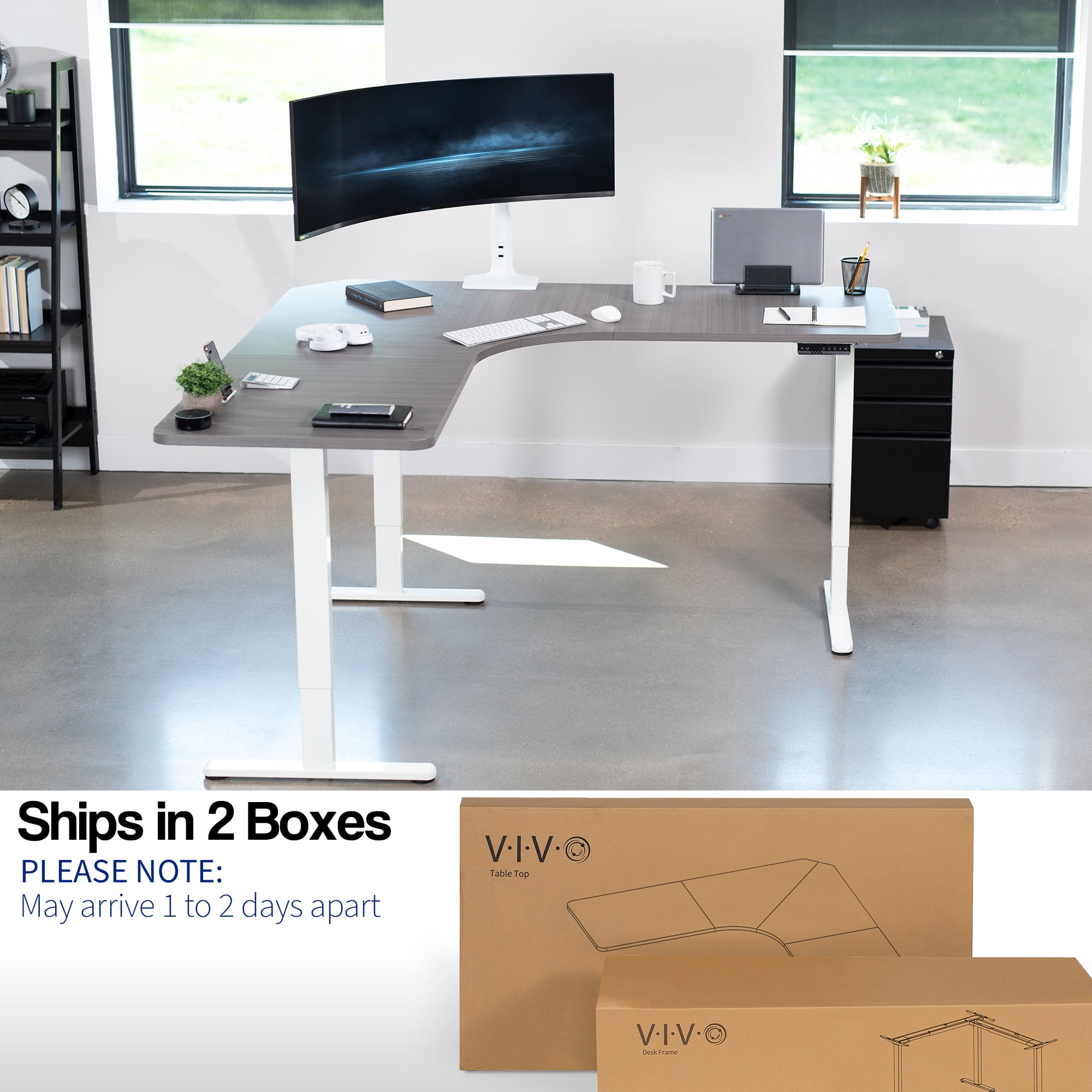 VIVO Dark Gray / White Electric 71" x 71" Curved Corner Stand Up Desk