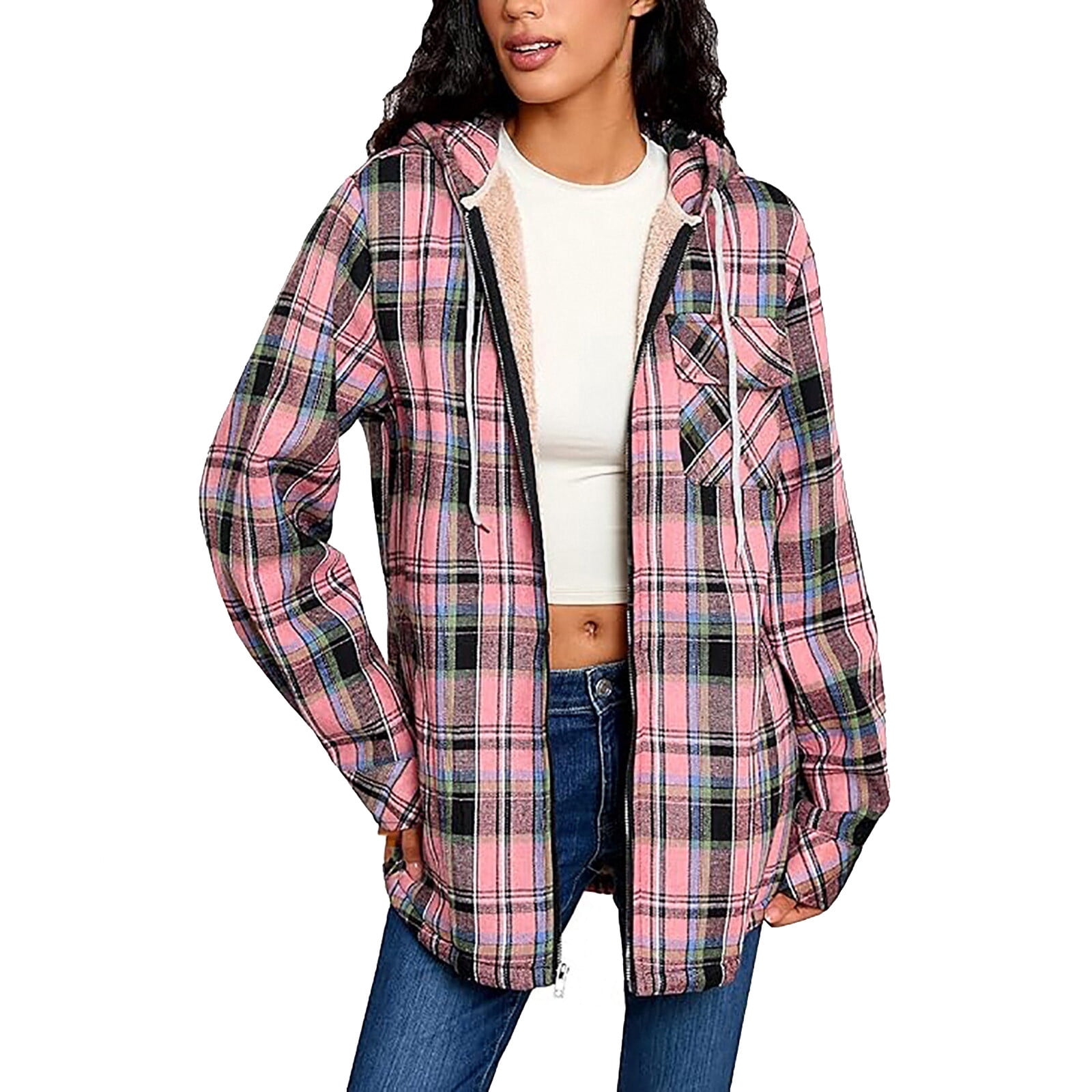 Womens Sherpa Fleece Lined Flannel Jacket Button Down Plaid Lightweight Flannel Shirt Jacket Women