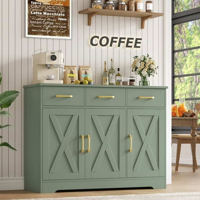Homfa Buffet Bahut de Cuisine 42,5 Pieds', Armoire de Rangement Style Ferme à 3 Tiroirs pour Café avec Tablette Ajustable, Vert