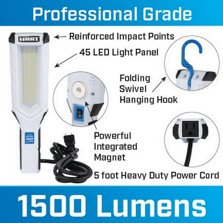 HART LED Plug-in Trouble Light, Magnetic, Swivel Hook, In Handle AC Outlet, 6' Cord, 1500 LM