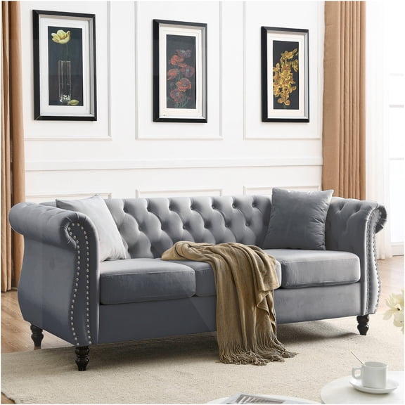 JERFIT 80 Inch Grey Velvet Chesterfield Sofa, 3 Seater Tufted Couch with Rolled Arms and Nailhead Trim for Living Room, Office