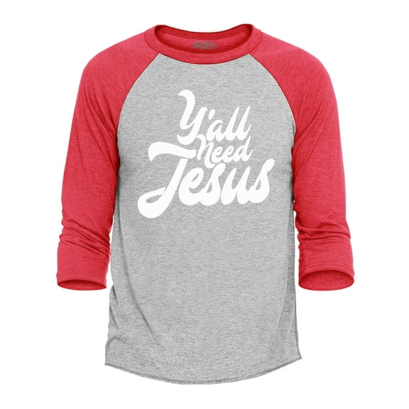Shop4Ever Men's Y'all Need Jesus Raglan Baseball Shirt Large Heather Grey/Red