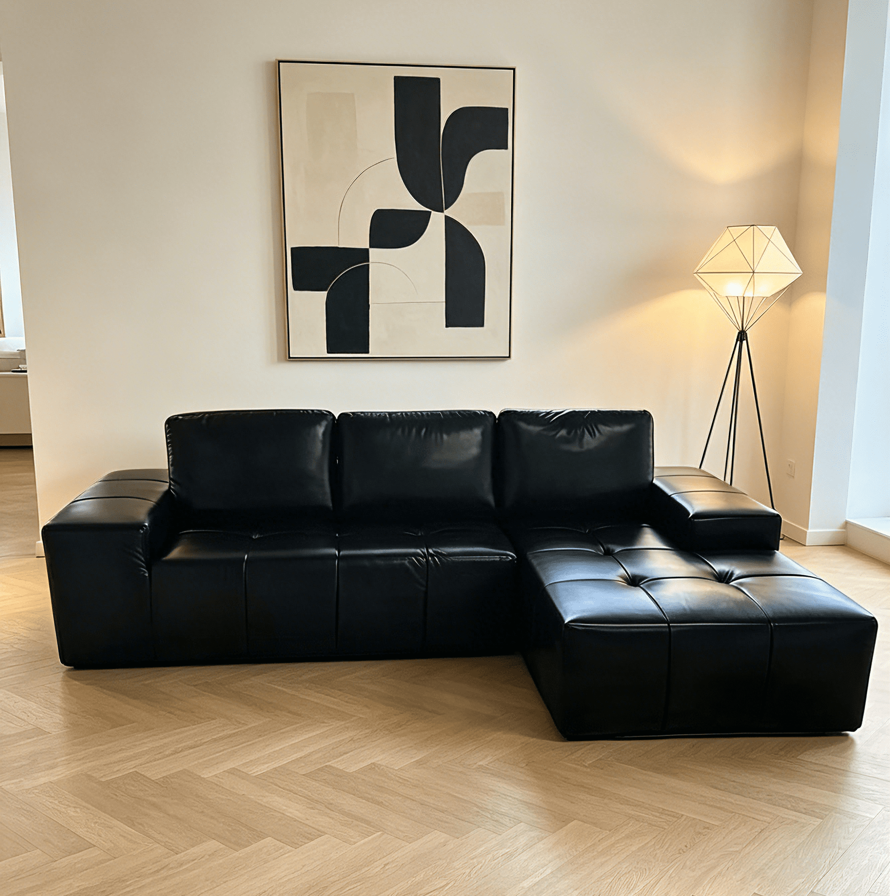 Howcool Boneless Cloud Sectional Sofa with Chaise,Faux Leather L-Shaped Couch,Deep Seat Modular Sofa with Wide Armrests,No Assembly Required,Right-Facing,Black