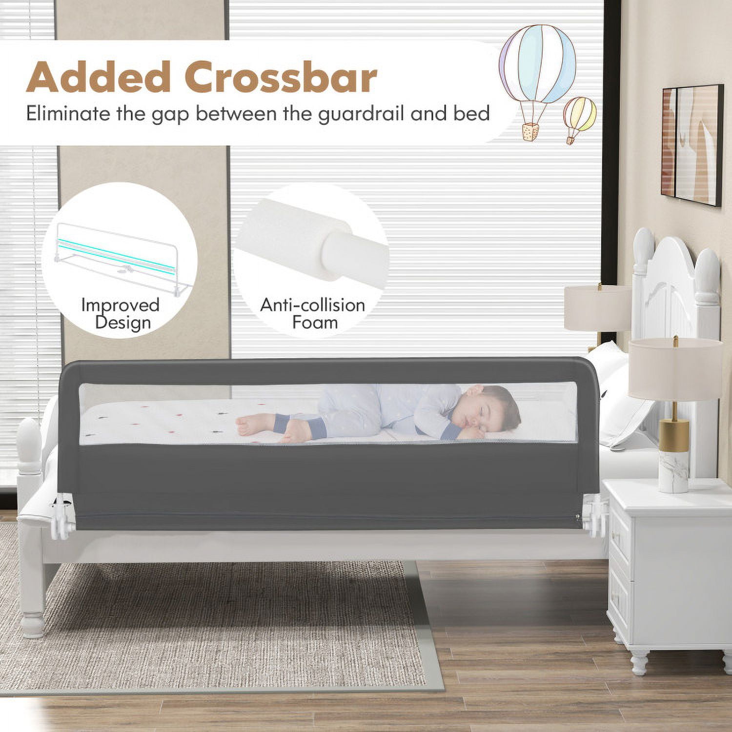 YYAo Bed Guard Rails,Bed Fence,Bed Gate for Baby,71 Inch Extra Long Swing Down Bed Guardrail with Safety Straps-Gray