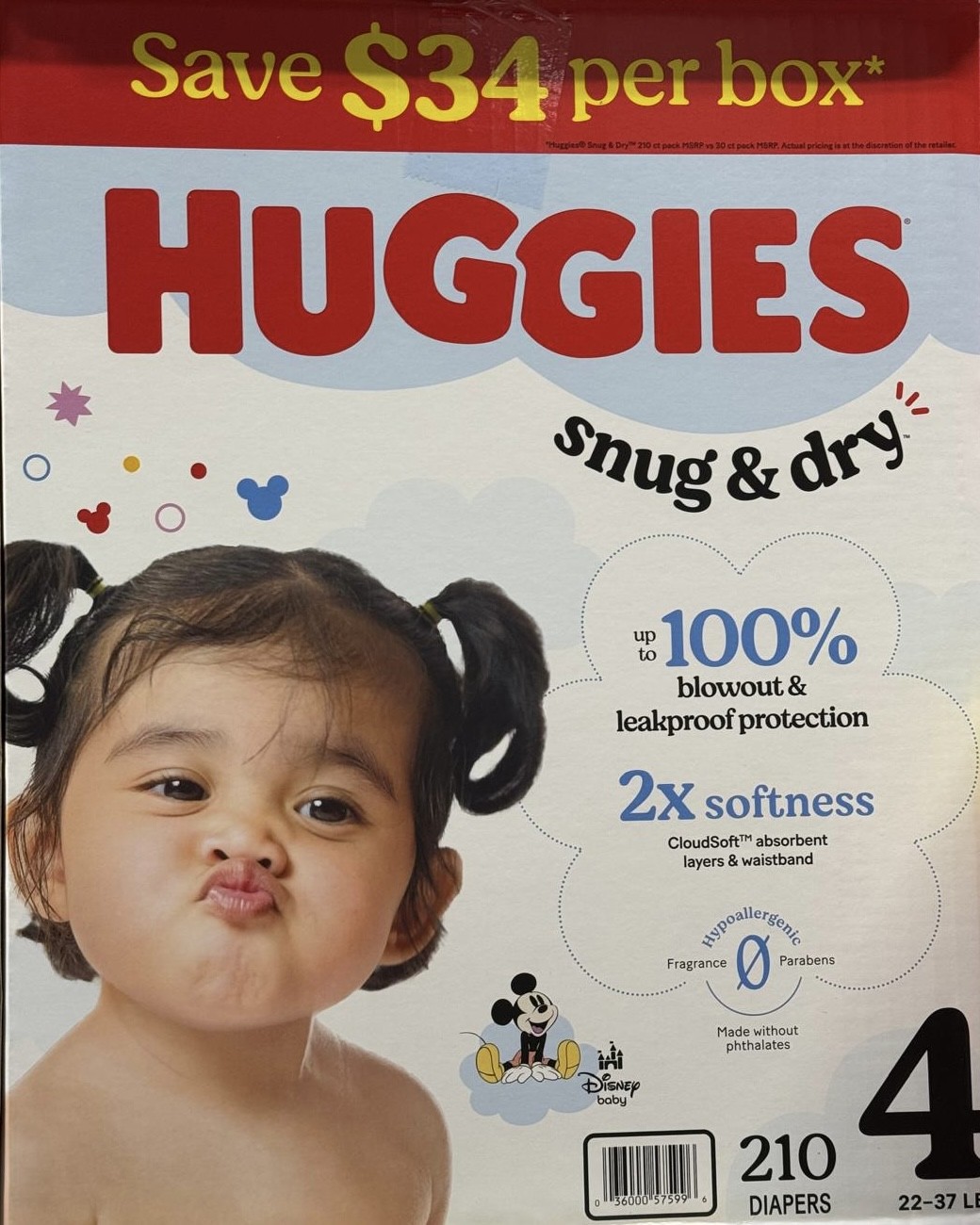 Huggies Snug & Dry Leakproof Baby Diapers, Size 4 (22-37 lbs), 210 Count