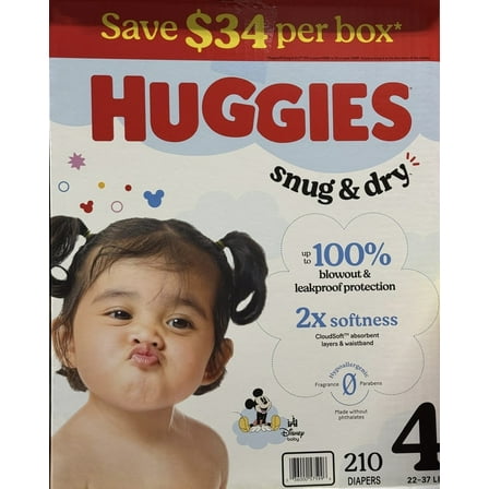 Huggies Snug & Dry Leakproof Baby Diapers, Size 4 (22-37 lbs), 210 Count