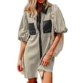 thumbnail image 2 of Camisas de Cuello en V de Manga Corta para Mujeres Vestido de Túnica de Rayas con Botón de Verano con Bolsillos, 95% Poliéster 5% Spandex para Diario Y Fiesta, 2 of 8