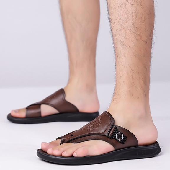 Domuza Mens Adjustable Buckle Thong Flip Flops, Embossed Faux Leather Open Toe Slide Sandals, Lightweight Cushioned Sport Summer Beach Casual Sandals Brown 10.5 (EU-46)