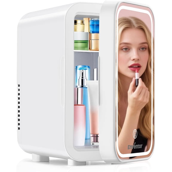 Enventor 6L Skincare Mini Fridge with Dimmable LED Makeup Mirror, AC/DC Portable Cooler & Warmer, Low Noise Small Refrigerator for Bedroom, Car, Dorm, White
