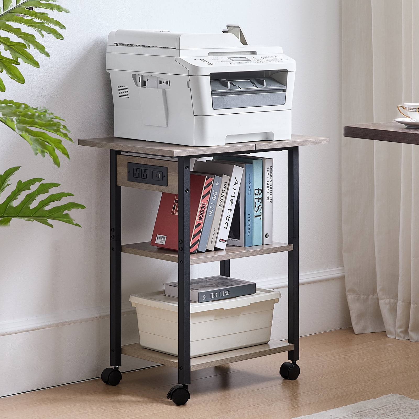 3 Tier Leyaoyao Printer Stand, Computer Tower Stand with Industrial Lockable Wheels & Storage Drawer Large Mobile Table for Home Office Multi-Equipment Organization, Oak