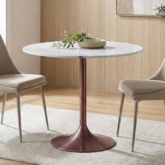 Simpli Home Osborne 36 inch Wide Genuine Marble and Iron Contemporary Dining Table in White/Antique Copper