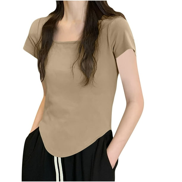 Camiseta de Trabajo de Manga Corta Nueva Camiseta de Cuello Redondo de Color Sólido de Corte Bajo, 95% Poliéster 5% Blusa de Spandex, Lavado a Mano de Uso Diario