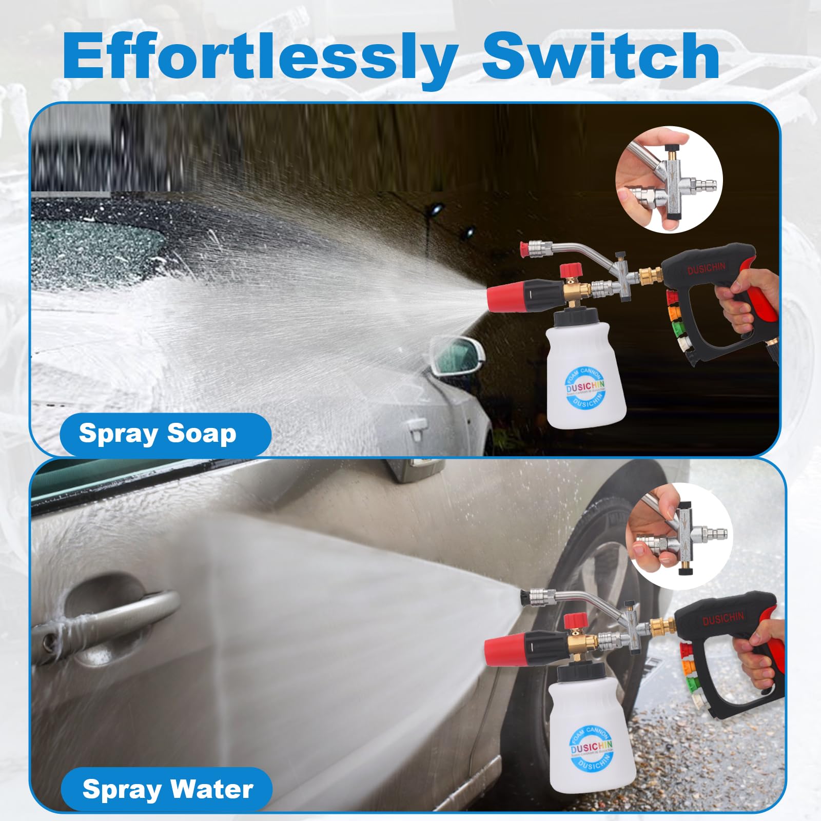 DUSICHIN Short Gun Foam Cannon 1/4" Quick Connector Pressure Washer ,Car Wash Foam Gun Kit Dual Connector Accessory,5 Pressure Washer Nozzle Tips 3/8'' Swivel Quick Connector,Not Use with Garden Hose