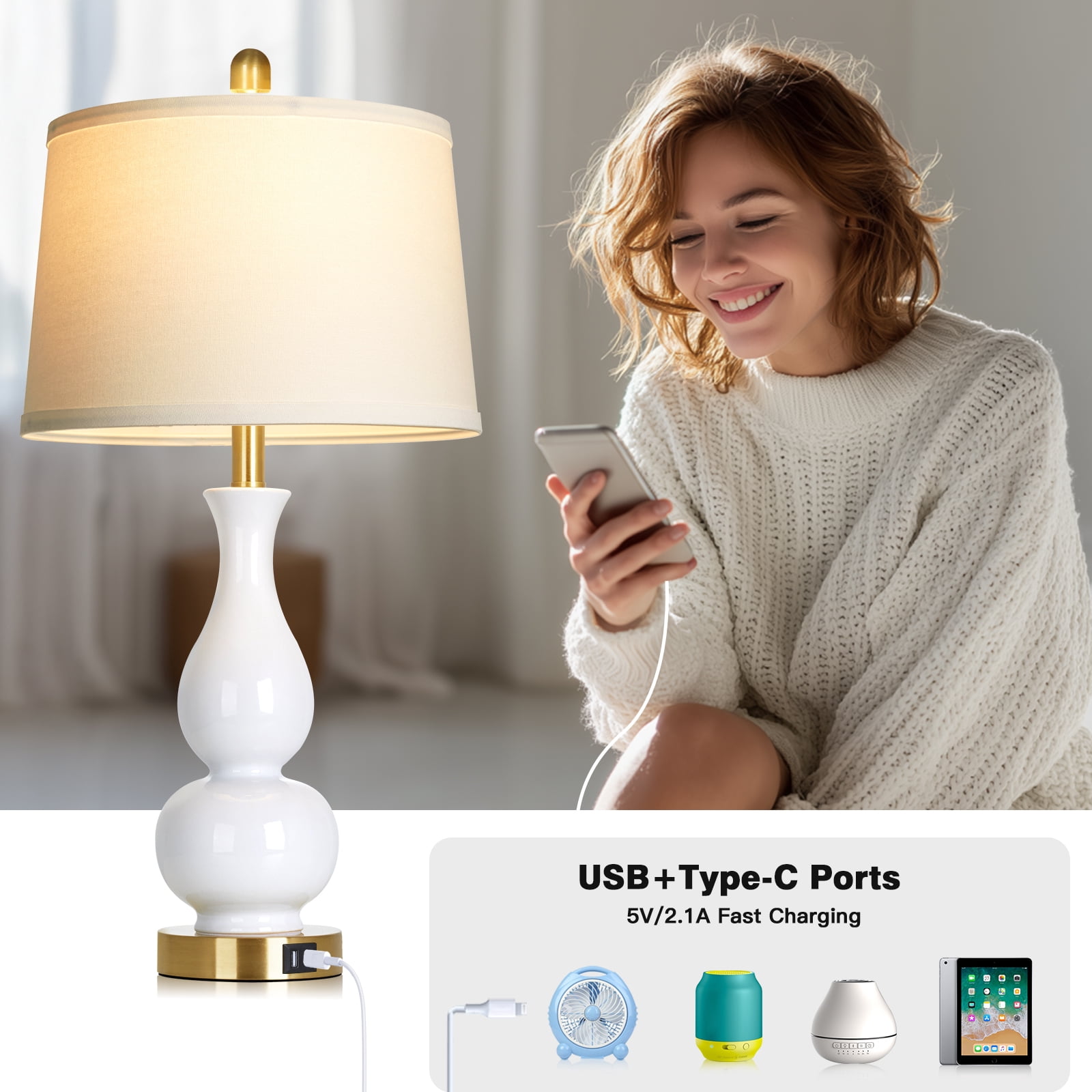 Lolikit 27" Modern Ceramic Table Lamp Set of 2 for Bedroom Living Room,Farmhouse Bedside Nightstand Lamp with USB Charging Port,LED Bulbs Included