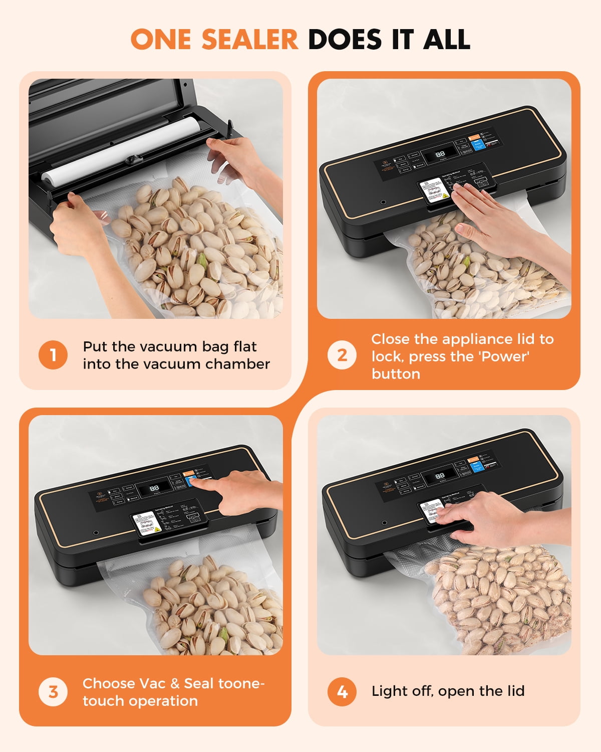 UPRUBE Vacuum Sealer for Food, 9-in-1 Built-in Cutter Food Vacuum Saver Sealer Machine, Include One Roll Bags ,95kPa Strong Vacuum