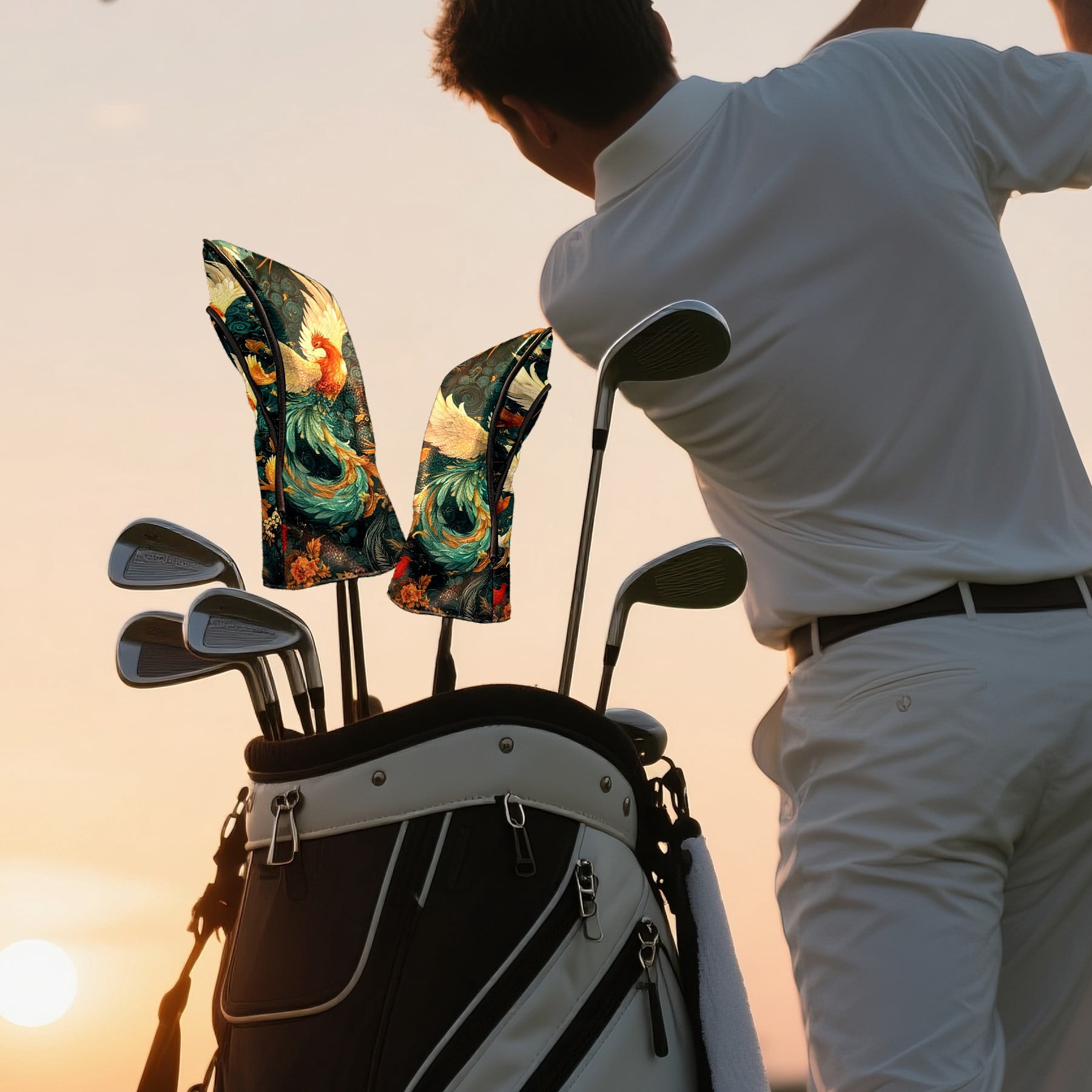 Golf Head Covers Colorful Phoenix Design for Driver, Wood & Hybrid, Premium Waterproof PU Leather with Plush Lining, Mythical Bird Golf Gifts