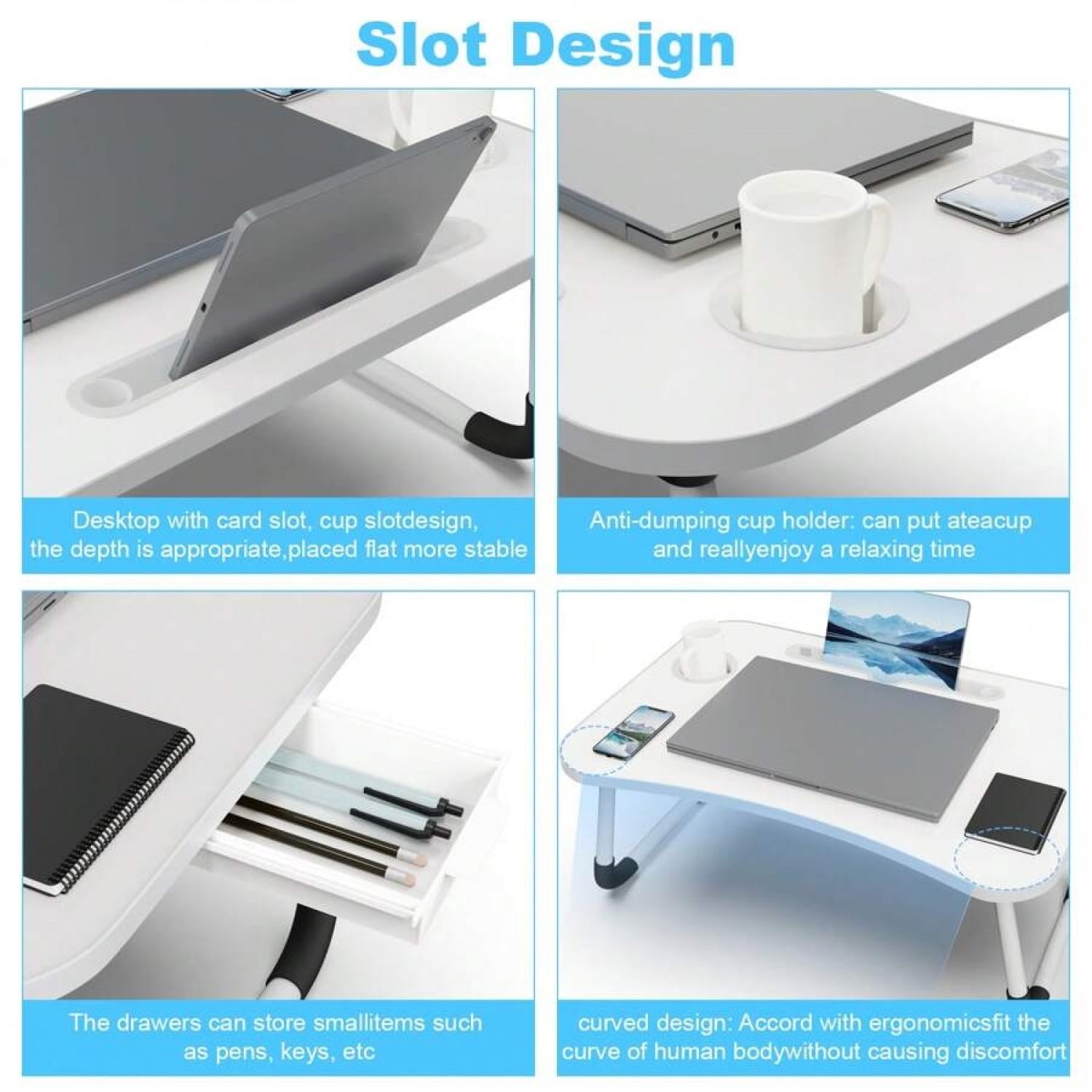NTGFU Laptop Bed Desk Table Tray Stand with Cup Holder Drawer for Bed Sofa Couch Study Reading Writing On Low Sitting Floor Large Portable Foldable Lap Trays Eating and Laptops