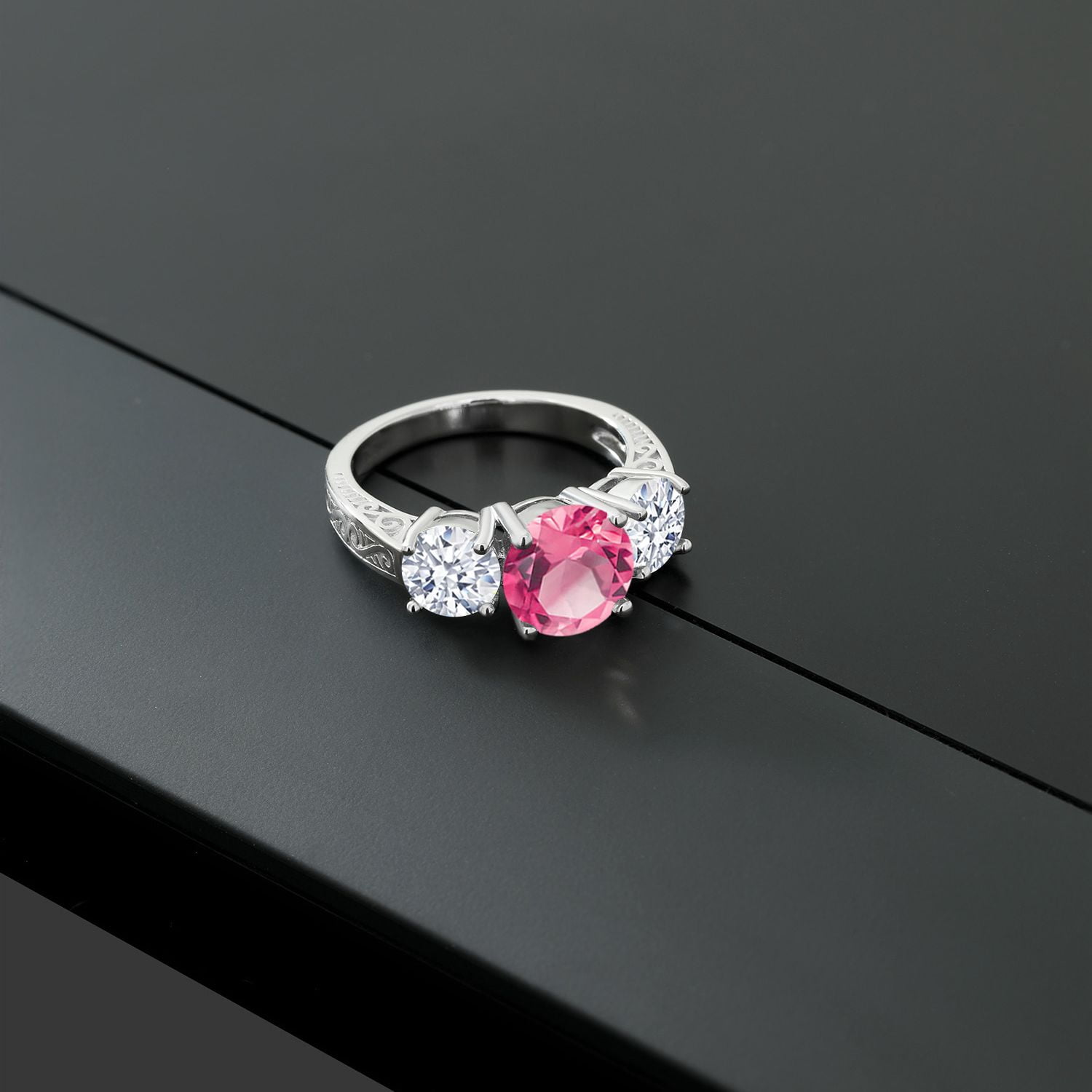 Gem Stone King 5.00 Cttw Pink Mystic Topaz 3-Stone Engagement Ring for Women | 925 Sterling Silver | Round 8MM and 6MM | Three Stone Wedding Engagement Anniversary Promise Ring for Women | Size 5