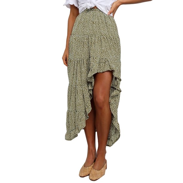 Gibobby Falda de tul Swing Ruffle Long Side Boho Split Falda Low Floral Elástico Maxi Mujer Vestidos Vestido Estampado Cintura Alta Falda(Verde, M)