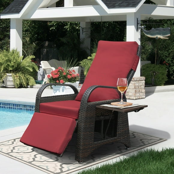 ATR ART to REAL Outdoor Wicker Recliner with Flip Table, Rattan Reclining Lounge Chair with Footrest, Red(Perfect for Slim Individuals)