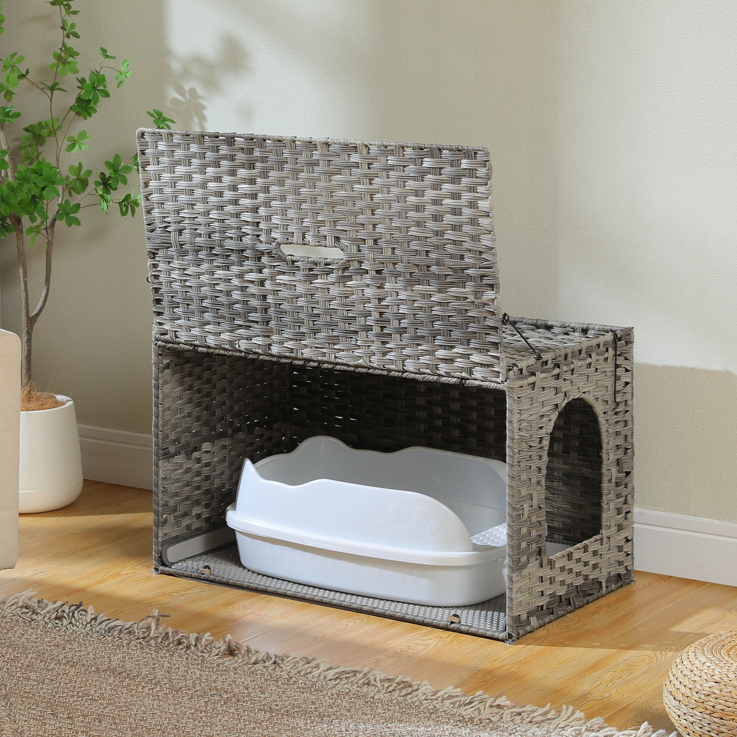 PEQULTI Rattan Cat Litter Box Enclosure Pet House with Taller Doorway for Large Cats Indoor Gray