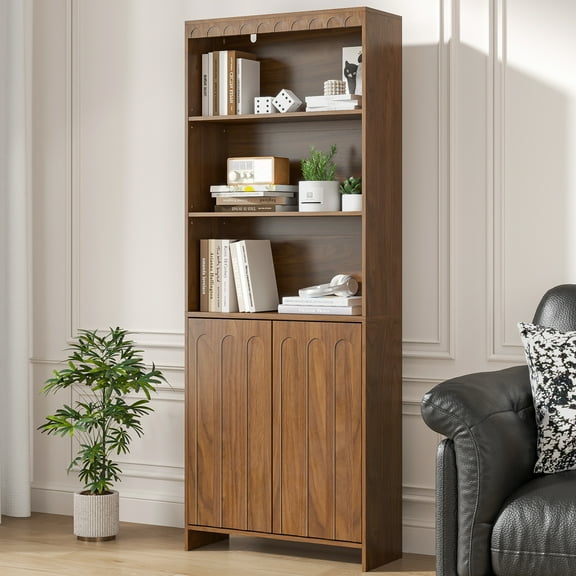 Furtivusia 61" Bookshelf with Doors, 5 Tier Bookcase with Storage Shelves, Tall Display Book Shelf for Living Room