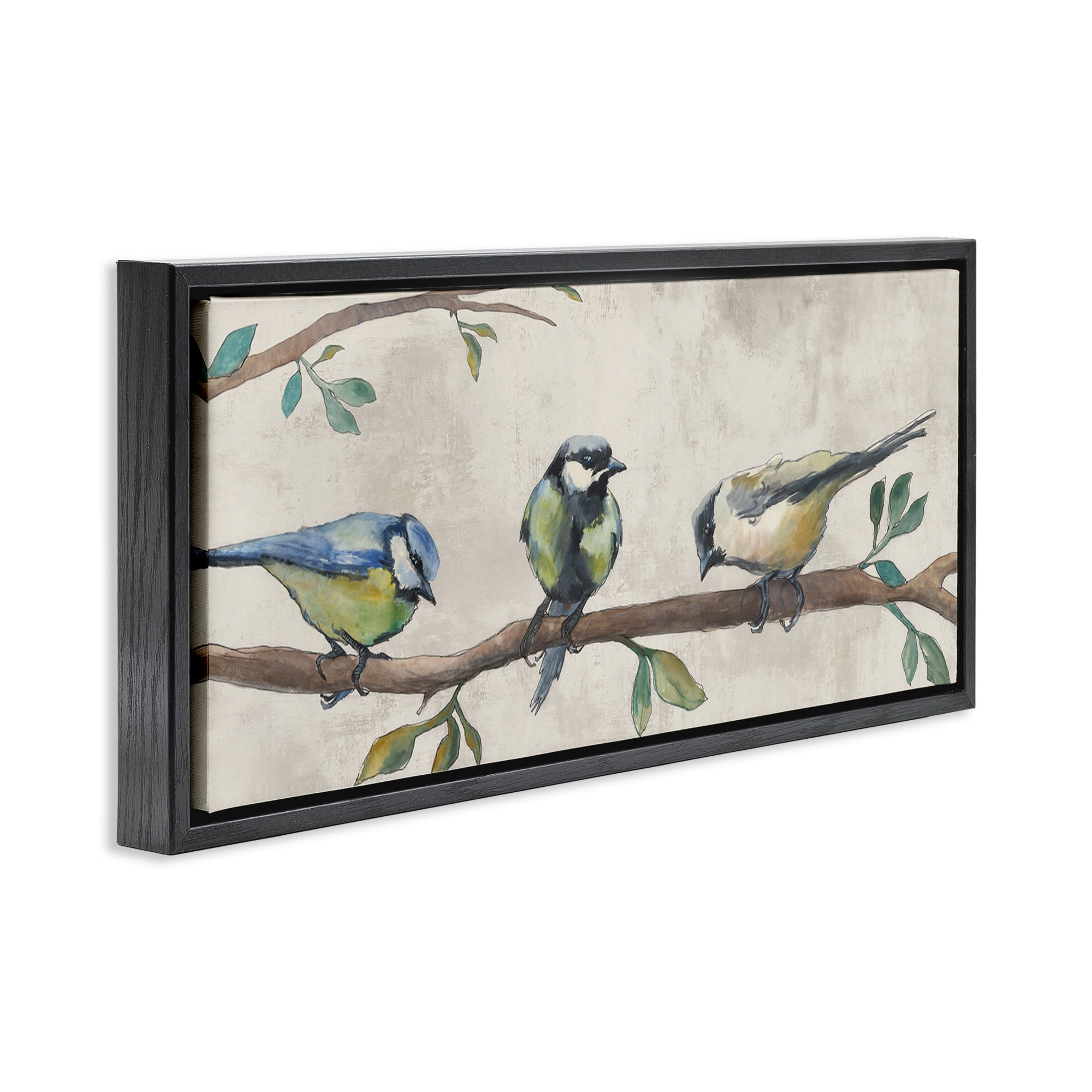 Stupell Industries Perched Songbirds on Branch Animals Painting Black Floater Framed Canvas Art Print Wall Art, 25 x 11