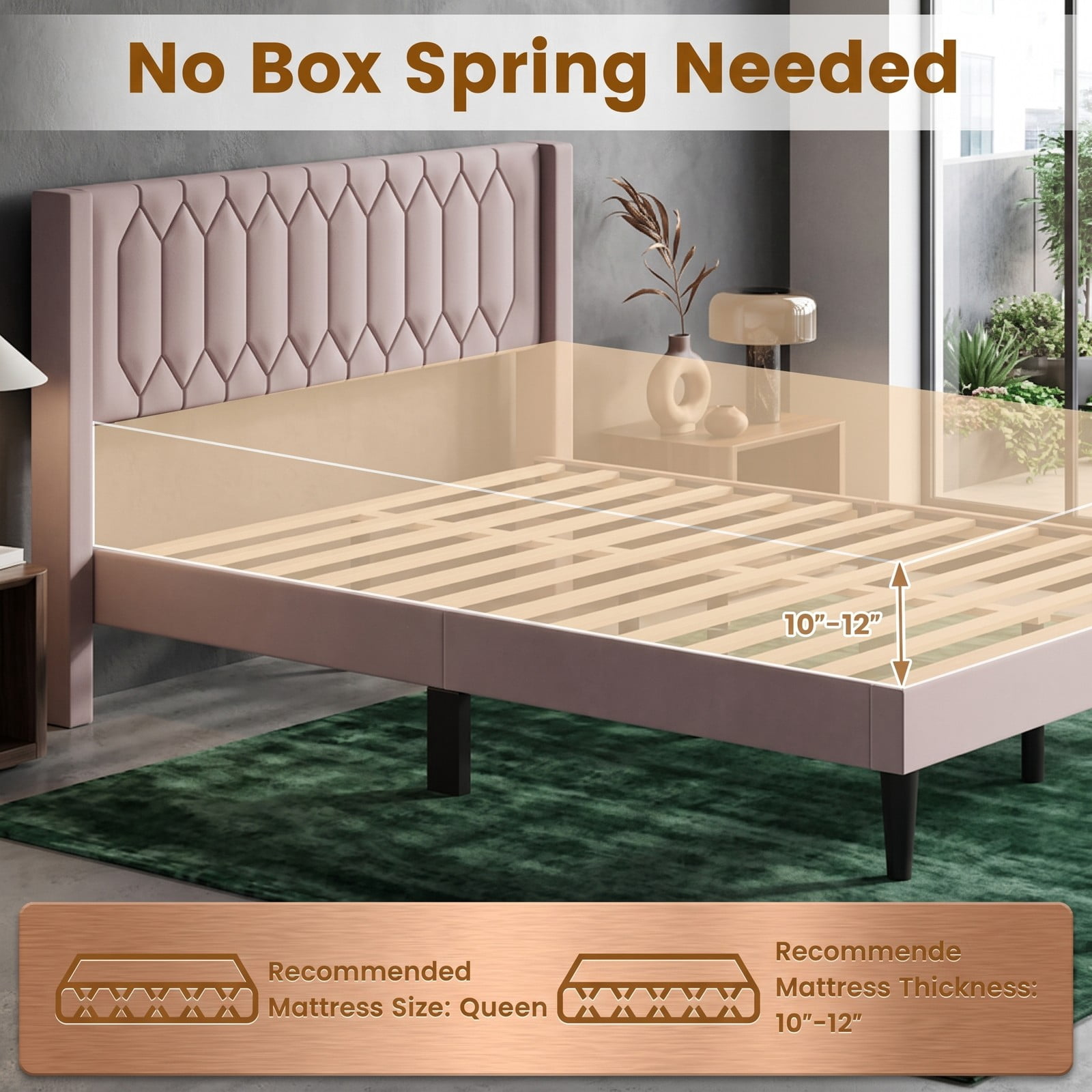 Furnibear Queen Bed Frame Velvet Upholstered Platform Bed with Wingback Headboard and Wood Slat Support, No Box Spring Needed, BeigeBeige