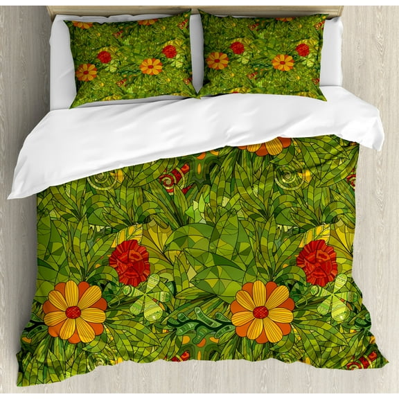 Floral Duvet Cover Set, Funky Flower Foliage Bush with Fractal Retro Jungle Art Design, Decorative 3 Piece Bedding Set with 2 Pillow Shams, King Size, Olive Green Vermilion, by Ambesonne