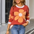 thumbnail image 4 of Long Sleeve Blouse for Women Long Sleeved Floral Print Knitted Sweater Round Neck Sweater Orange XL,Womens Sweater, 4 of 5