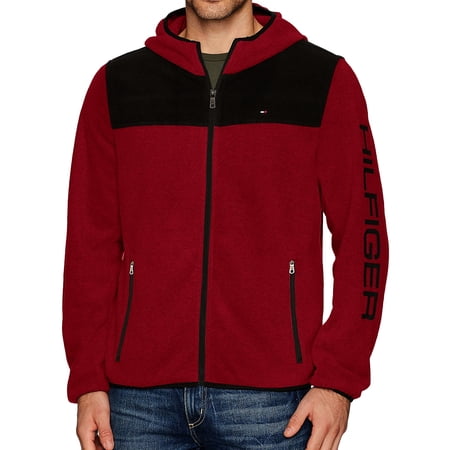Tommy Hilfiger Men's Full Zip Hoodied Fleece Jacket (Small, Wine/Black)
