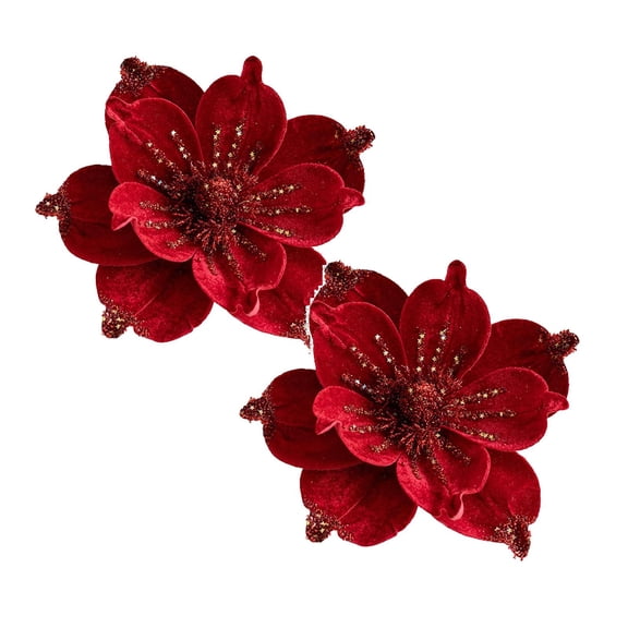 Christmas Artificial Flowers, 2PC Burgundy Velvet Glitter Faux Flowers for Christmas Trees Wreaths Garlands Vases and Holiday Decor