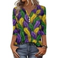 thumbnail image 2 of Mardi Gras Shirts Womens Glitter Carnival V Neck Tunic Tops Feathers Print 3/4 Sleeve Gold Tops Purple 2XL, 2 of 5