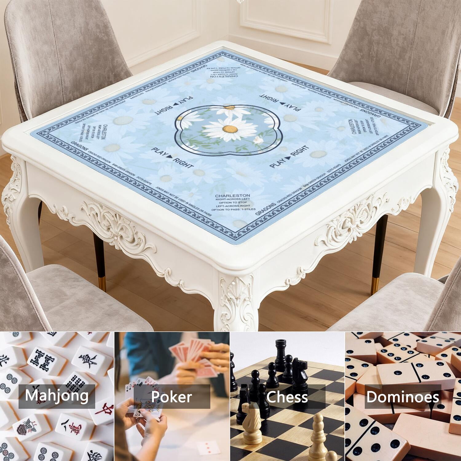 Daisy Mahjong Mat with Rules, 31.5*31.5in Anti Slip American Mahjong Mat for Table, Noise Reduction, Neoprene Mah jongg Mats with Carrying Bag & 3 Dices, Mahjong Supplies Gift, Board Tile Games Mats