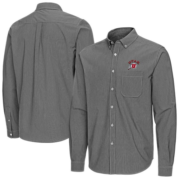 Men's Antigua Black Utah Utes Porter Woven Tri-Blend Long Sleeve Button-Down Shirt