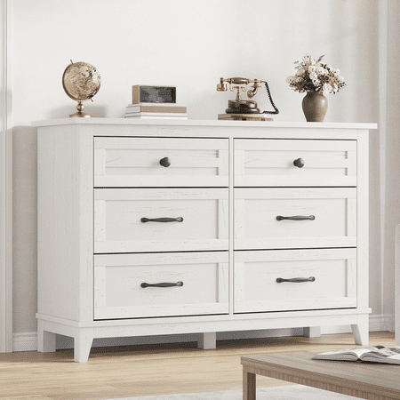 Wooden Closet Storage Chest 6 Dresser for Bedroom Tv Stand Storage Organizer 47 in Wide Drawer Dresser with Storage Freestanding Rustic White Chest Drawer for Closet for Living Room Bedroom