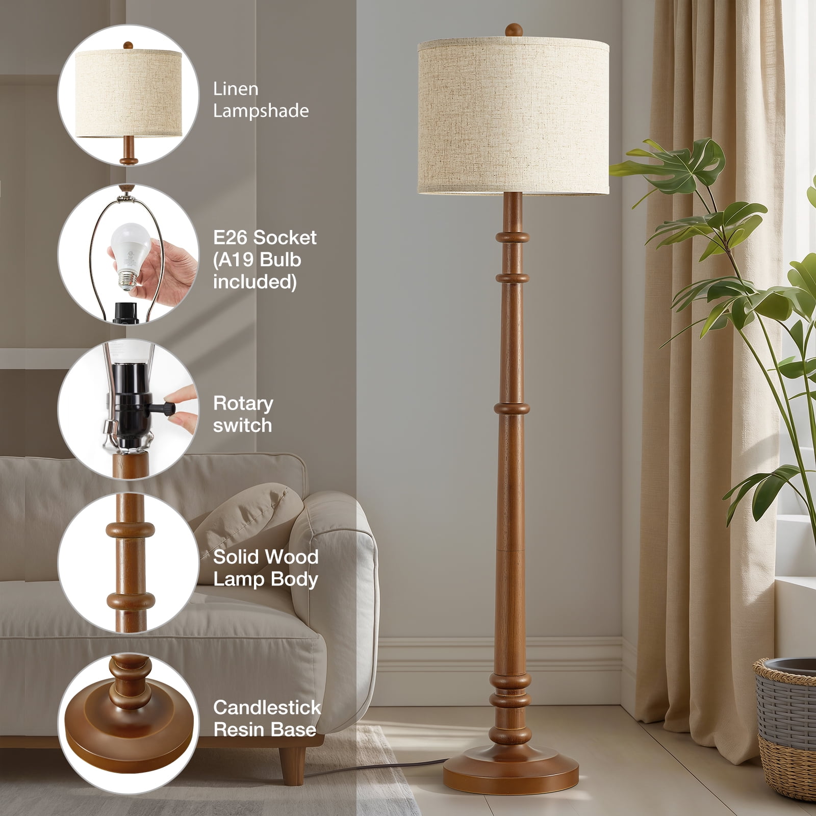 NATYSWAN Floor Lamps for Living Room - 60" Wood Farmhouse Floor Lamp with Adjustable Color Temperatures - Vintage Standing Lamp Reading Light with Linen Shade Rustic Tall Lamp for Bedroom