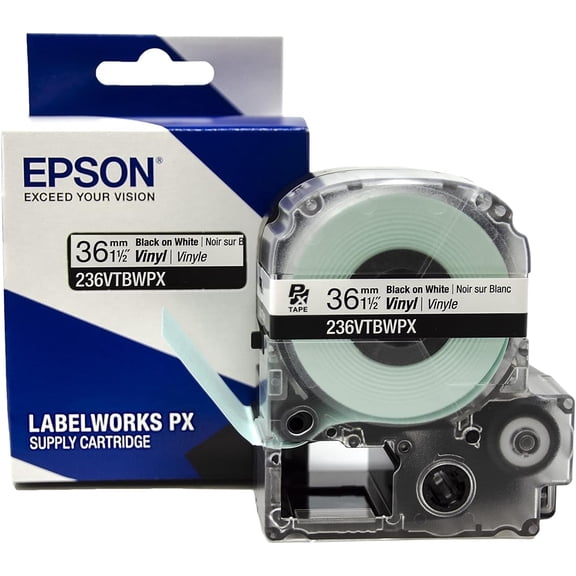 Epson LABELWORKS 236VTBWPX - Black on White Vinyl Label Maker Tape - 1.5" (36MM) Wide, 22.9'