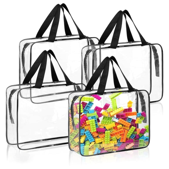 4 Pack Storage Bags, Clear PVC Toy Organizer with Zipper, Large Black Waterproof Reusable Toy Bags with Labels for Puzzles, Building Blocks, Board Game, Stationery, Kids Books