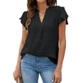 thumbnail image 1 of Blusa de mujer Ticfox con cuello en V y manga con volantes de poliéster negro XL, 1 of 6