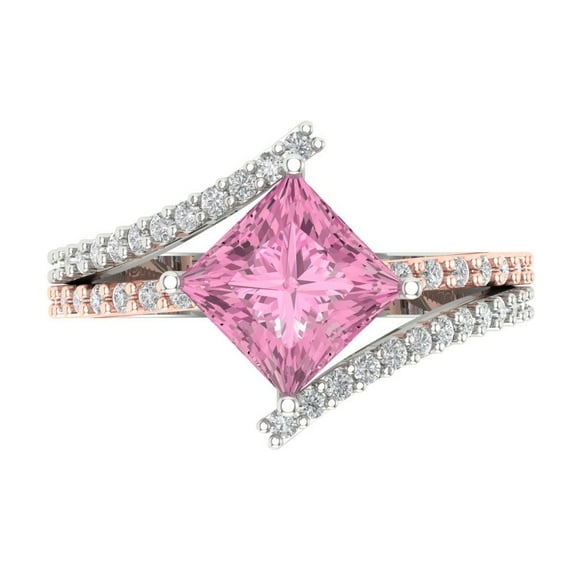 2.3075 ct Princess Cut Simulated Pink Diamond Solitaire with Simulated Diamond Accents 18K White/Rose Gold Womens Engagement Ring