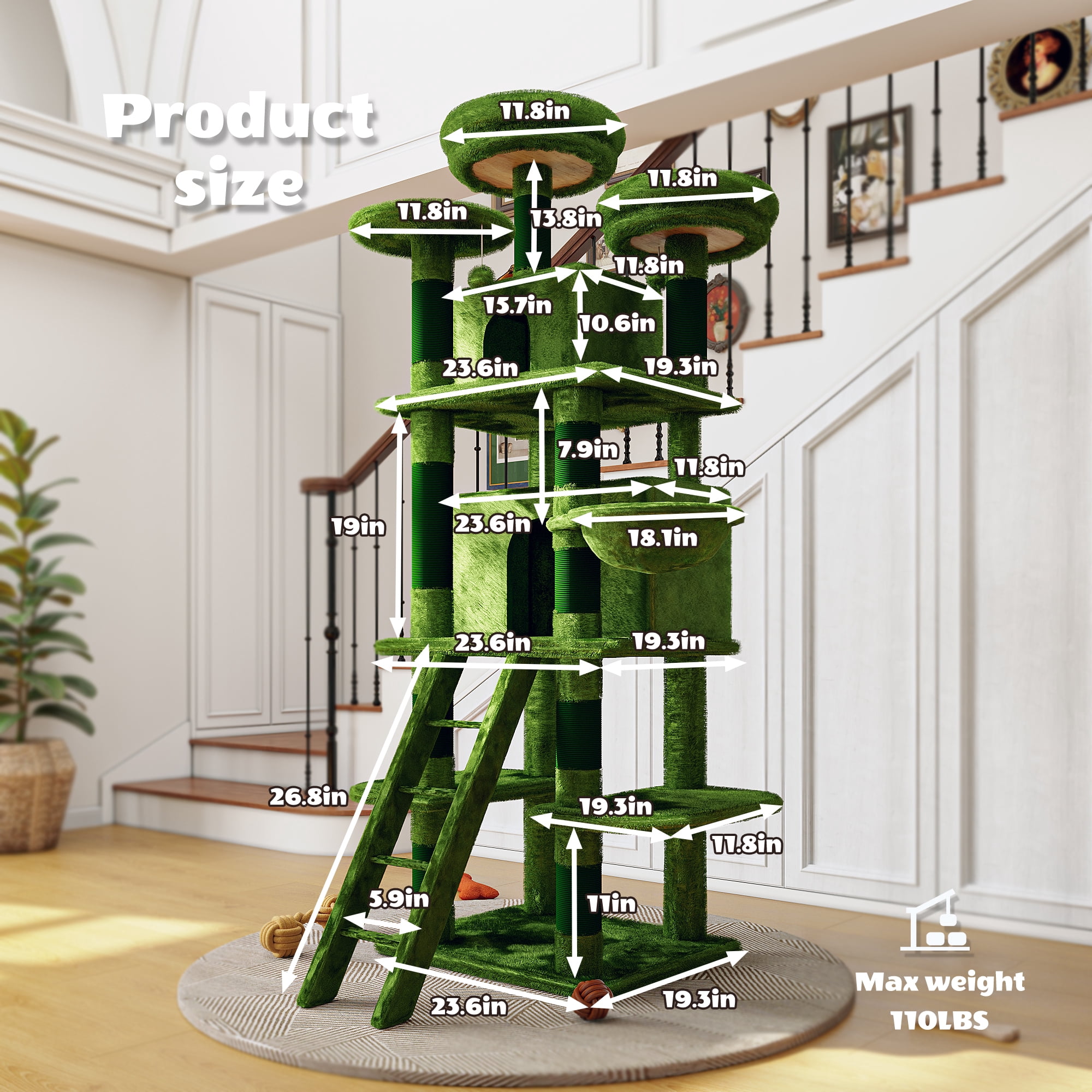 Large Cat Tree, Multi-Level Cat Tower with 2 Private Condos, 3 Perches, Hanging Hammock, Natural Sisal Scratching Posts, Stable Cat Furniture for Multi-Cat Families