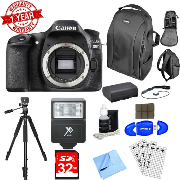 Canon EOS 80D 24.2 MP CMOS Digital SLR Camera (Body)-Includes Case, Tripod, 32GB MC, LP-E6 Battery, Flash, Cleaning Kit & More