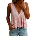 thumbnail image 2 of Babydoll Tank Tops Womens Deep V Neck Sleeveless Ruffle Peplum Flowy Blouse Cute Summer Dressy Casual Cute Going Out Top for Women Cotton Linen Pink S, 2 of 5