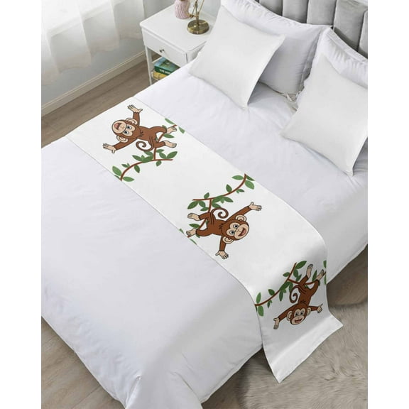 Xipuska Brown Cute Monkey Bed Runners for Queen Size Bed, Decorative Bed Throws for Foot of Bed, Playing Funny Animal on Branch Bed Runner Sofa Throw Bedding Scarf Protector Slipcover for Bedroom