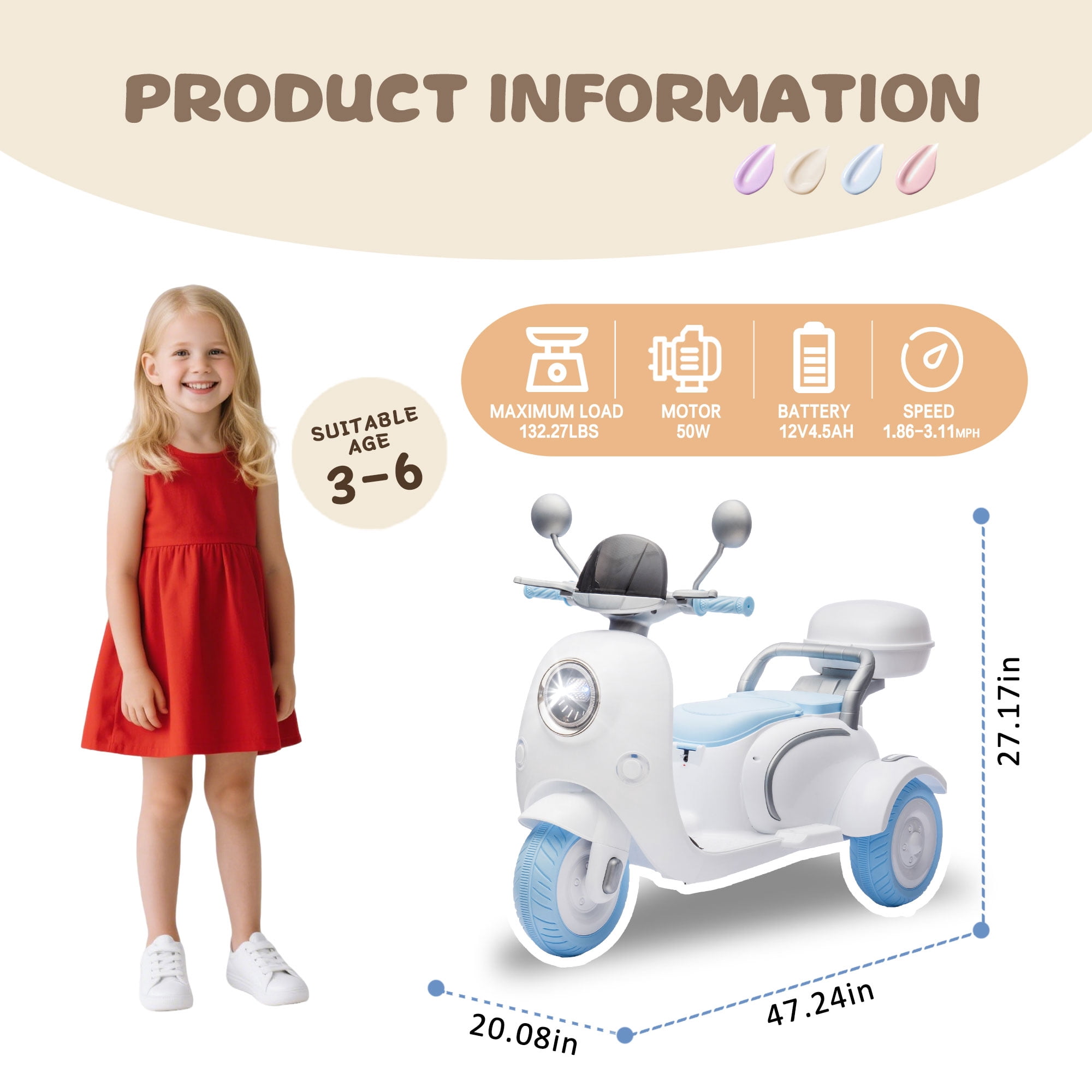 Xuanlur 12V Kids Electric Motorcycle, 3 Wheel 2 Seater Ride on Motorcycle w/Remote Control, 25W*2 Motors Electric Motorcycle w/Big Storage Box, Music, Horn, Light, Ride on Toys for Kids 3-8, Blue